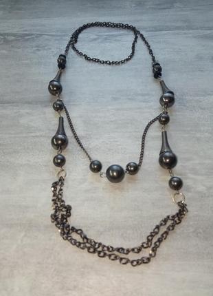 Длинное, женское ожерелье, цепочка с бусинами, серого цвета2 фото