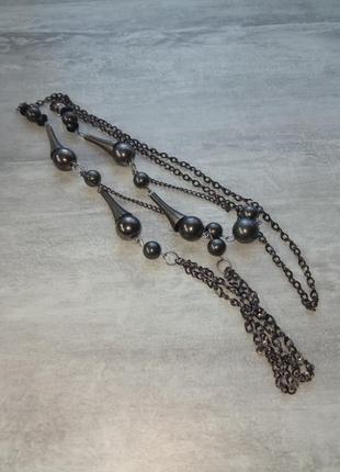 Длинное, женское ожерелье, цепочка с бусинами, серого цвета3 фото