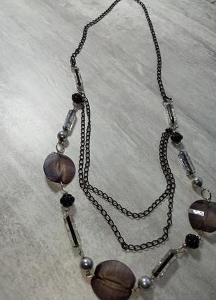 Длинное, женское ожерелье, цепочка с бусинами, серого цвета5 фото