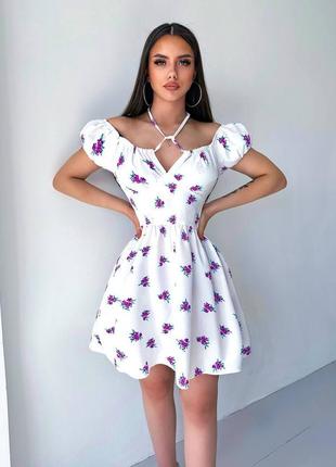 Цветочное платье мини на резинке, платье с цветочным принтом на лето1 фото