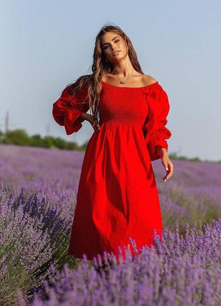 Жіноча лляна сукня міді на гумці4 фото