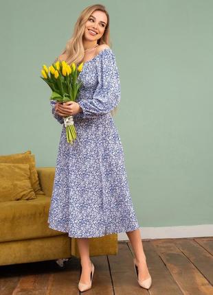 Стильное цветочное платье голубое легкое платье с разрезом платье в цветочный принт платье с длинными рукавами2 фото
