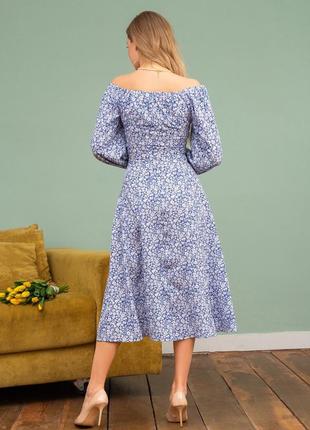 Стильное цветочное платье голубое легкое платье с разрезом платье в цветочный принт платье с длинными рукавами3 фото