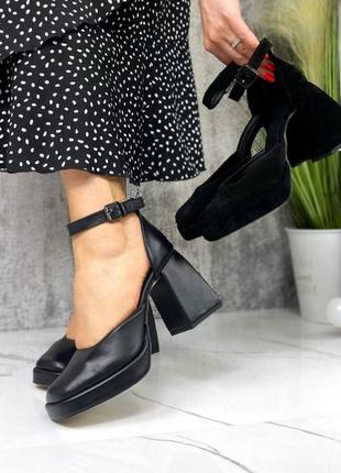 Туфли из натуральной кожи и замши женские на каблуке платформе с ремешком