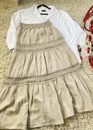 Актуальная длинная ярусная льняная юбка с натуральным кружевом ,италия,р.36-387 фото