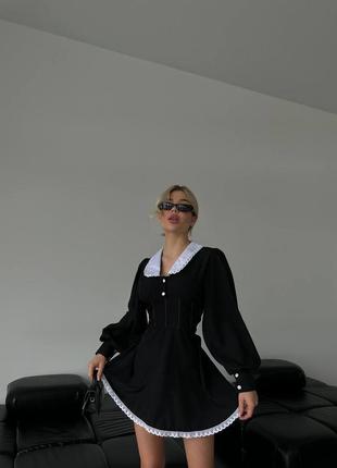 Платье короткое на длинный рукав свободного кроя на пуговицах с воротником качественная стильная трендовая черная