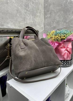 Женская стильная и качественная сумка шоппер из натуральной замши и эко кожи капучино2 фото