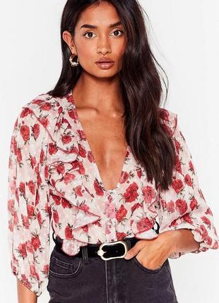Воздушная блуза в цветочный принт с рюшами/оборками/с объемными рукавами фонариками