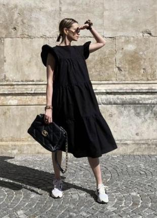 Сукня ярусна чорна бавовняна натуральна фірмова балахон крильця вільного крою плаття сарафан котонове котон2 фото