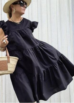 Сукня ярусна чорна бавовняна натуральна фірмова балахон крильця вільного крою плаття сарафан котонове котон3 фото