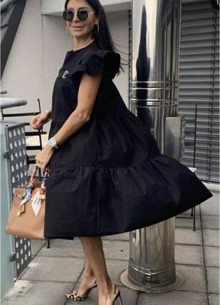 Сукня ярусна чорна бавовняна натуральна фірмова балахон крильця вільного крою плаття сарафан котонове котон5 фото