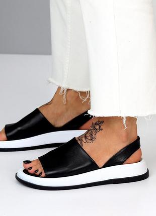 Удобные кожаные женские босоножки черные натуральная кожа с белой подошвой спортивные сандалии3 фото