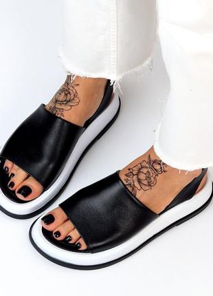 Удобные кожаные женские босоножки черные натуральная кожа с белой подошвой спортивные сандалии2 фото