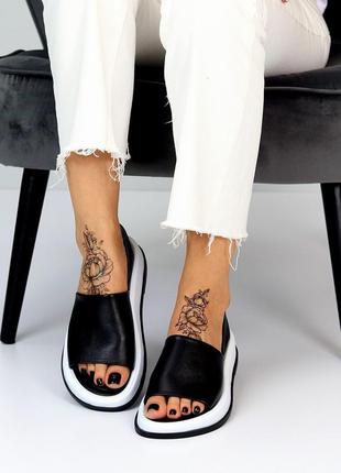 Удобные кожаные женские босоножки черные натуральная кожа с белой подошвой спортивные сандалии7 фото