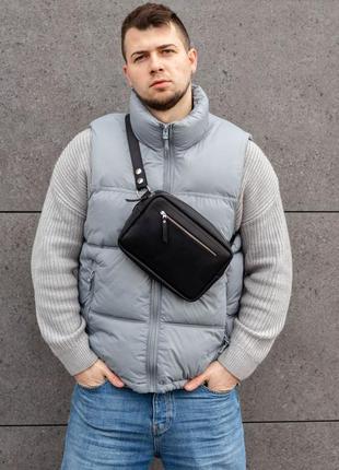 Мужская шикарная качественная и стильная сумка банка из натуральной кожи черная3 фото