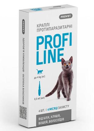 Краплі provet profiline від бліх та кліщів для котів до 4кг, 4 піпетки по 0,5мл