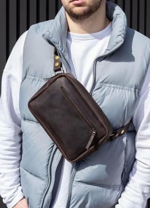 Чоловіча шикарна якісна та стильна сумка банка з натуральної шкіри коричнева