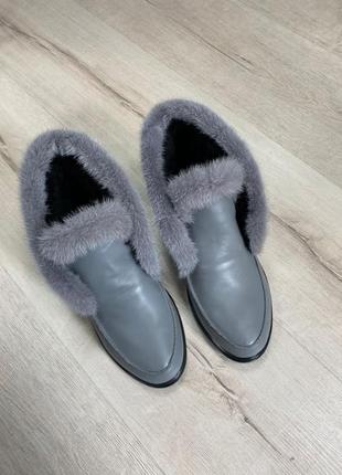 Лоферы с итальянской кожи натуральный мех норка, кожаные зимние осенние