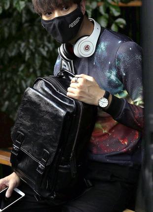 Мужской кожаный черный городской рюкзак портфель ранець мужская сумка для ноутбука4 фото