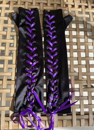 Перчатки длинные черные с фиолетовой шнуровкой, атласные без пальцев, косплей, аниме,...