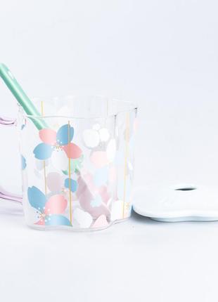 Скляна дитяча чашка з кришкою та ложкою 500мл, непроливайка для дівчаток3 фото