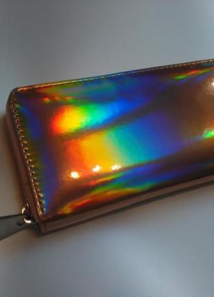 Новий бомбезний довгий голографічний лаковий золотистий гаманець хамелеон8 фото