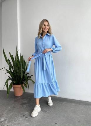 Женское летнее легкое длинное платье с длинным рукавом в голубом цвете из качественной ткани креп жатка1 фото