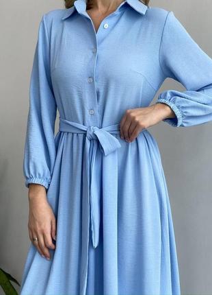 Женское летнее легкое длинное платье с длинным рукавом в голубом цвете из качественной ткани креп жатка2 фото