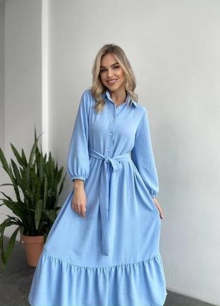 Женское летнее легкое длинное платье с длинным рукавом в голубом цвете из качественной ткани креп жатка4 фото