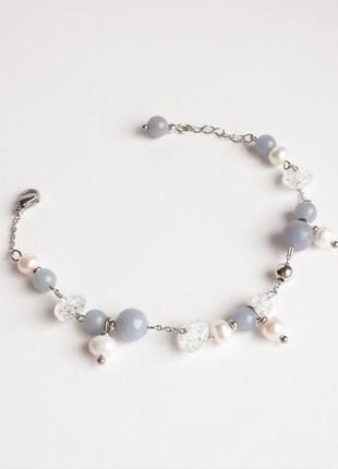 Браслет из ангелита, жемчуга и горного хрусталя  (модель № 283) jk jewelry