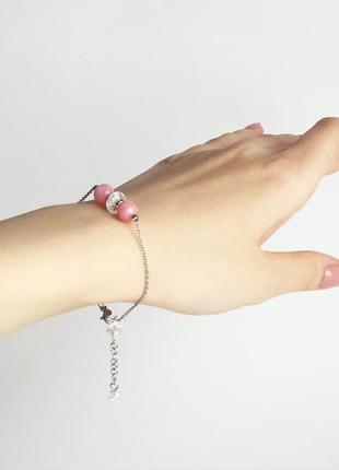Тонкий браслет-ланцюжок з родоніту і гірського кришталю (модель № 339) jk jewelry3 фото