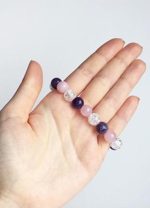 Браслет из аметиста, горного хрусталя  и розового кварца (модель № 455) jk jewelry