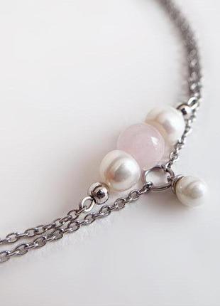 Тонкий браслет з намистинами рожевого кварцу і річковим перлами (модель № 392) jk jewelry