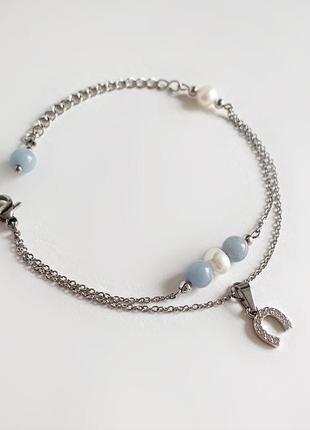 Тонкий браслет-цепочка с ангелитом и речным жемчугом (модель № 330) jk jewelry