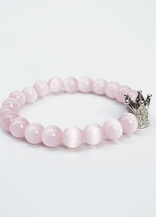 Рожевий браслет з котячого ока з намистиною-короною (модель № 528) jk jewelry