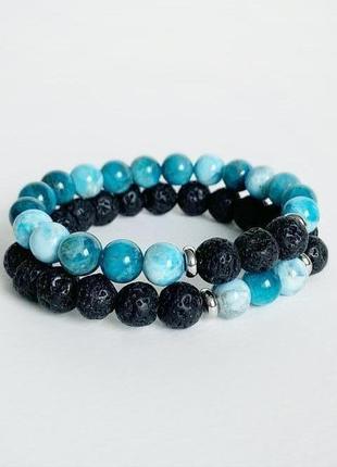 Сет браслетов из синего апатита и вулканической лавы  (модель № 532, № 533) jk jewelry