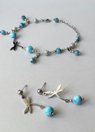 Комплект прикрас "стрекоза" сережки + браслет з блакитним апатитом (моделі № 569, 570) jk jewelry