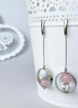 Длинные серьги в стиле геометрия с бусинами кахолонга и розового кварца  (модель № 578) jk jewelry1 фото