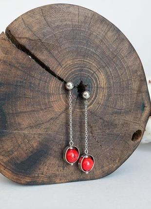 Длинные серьги из красного коралла. серьги в стиле геометрия (модель № 590) jk jewelry2 фото