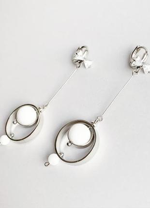 Длинные серьги в стиле геометрия с бусинами белого нефрита (модель № 593) jk jewelry