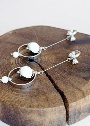 Довгі сережки у стилі геометрія з намистинами білого нефриту (модель № 593) jk jewelry3 фото
