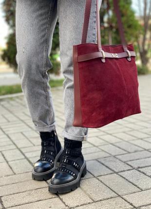 Бордова жіноча сумка шоппер з натуральної замші1 фото