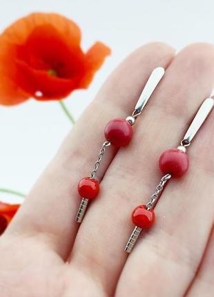 Сережки "червоний мак" довгі сережки з червоного коралу. (модель № 607) jk jewelry4 фото