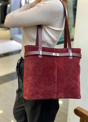 Бордовая женская сумка шоппер из натуральной замши3 фото