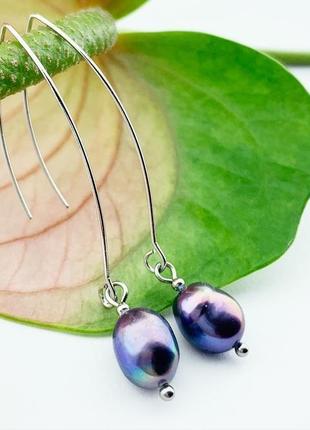 Длинные серьги в стиле минимализм с чёрным жемчугом подарок девушке жемчуг (модель № 635) jk jewelry