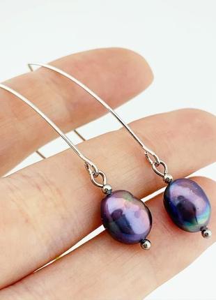 Довгі сережки в стилі мінімалізм з чорним перлами подарунок дівчині перли (модель № 635) jk jewelry10 фото