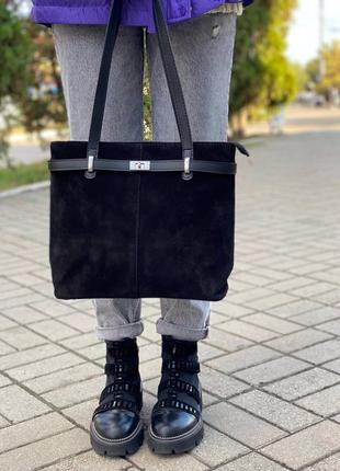 Чёрная женская сумка шоппер из натуральной замши1 фото