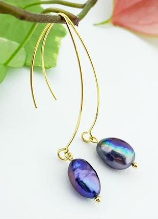 Довгі сережки в стилі мінімалізм з чорним перлами подарунок дівчині перли (модель № 636) jk jewelry5 фото