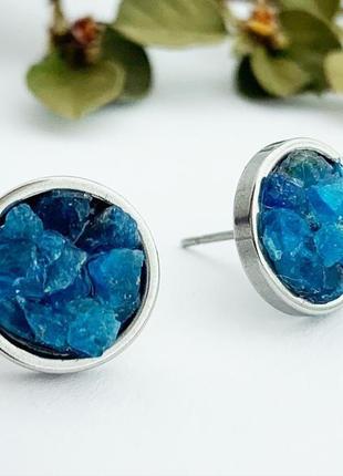 Серьги гвоздики с кристаллами синего апатита минимализм подарок девушке маме (модель№ 650) jkjewelry