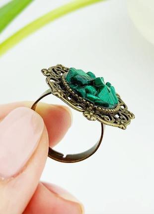 Кольцо с кристаллами изумрудного малахита зелёное колечко подарок девушке (модель № 664) jk jewelry8 фото